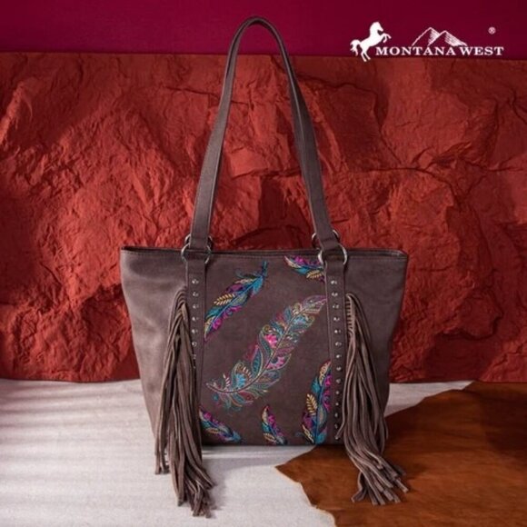 MW1242G-8317 Montana West Embroidered Feather Collection Concealed Carry Tote - Picture 1 of 16